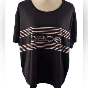 NWT Plus Size Short Sleeve Bebe Black & Striped Boxy Tee with Pink Logo